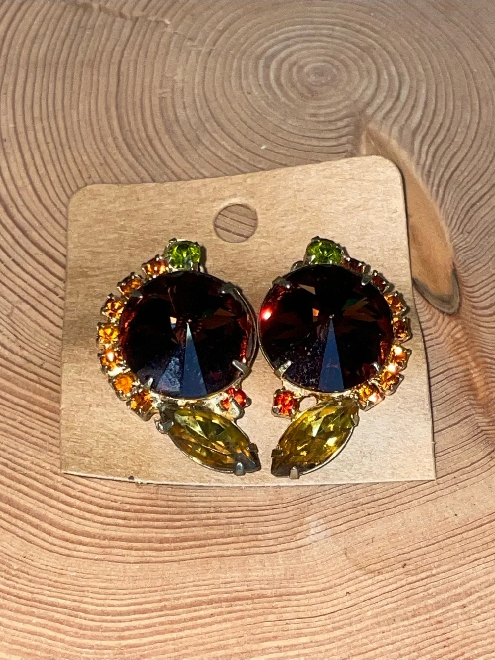 Vintage Juliana Style Rhinestone Clip On Earrings Purple Orange Rivoli